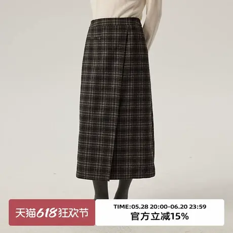 omont蛋挞家复古羊毛格纹毛呢半身裙冬高腰直筒显瘦中长裙子图片