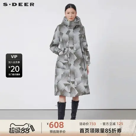 sdeer圣迪奥女装高领连帽撞色印花长款羽绒服S22482412图片