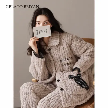贝妍睡衣女冬加厚夹棉珊瑚绒家居服可爱韩版开衫保暖棉袄冬天套装图片