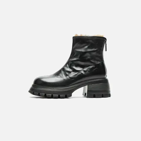 奥莱专供Nine West/玖熙2025时装靴圆头靴口兔毛绒里粗跟高跟短靴图片