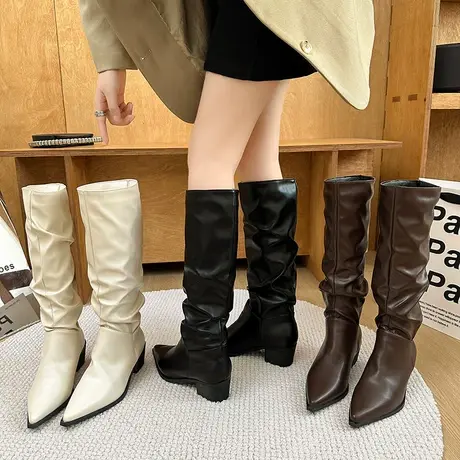 长筒靴女2023新款秋冬粗跟韩系高跟靴子高级感气质切尔西时装靴潮图片
