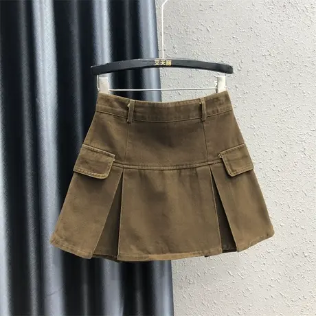 欧货咖啡色工装短裙女2023秋季新款高腰显瘦百搭a字牛仔半身裙子图片