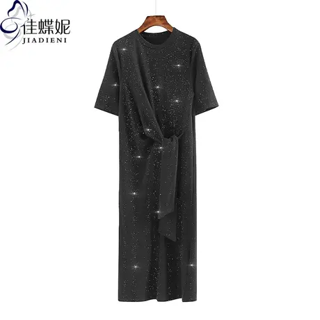 夏季新款韩版圆领宽松纯棉纯色亮片休闲长款绑带打底短袖连衣裙女图片