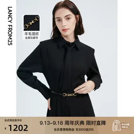 【会员专享】朗姿POLO领裙子黑色长袖收腰衬衫连衣裙秋冬新款裙子图片