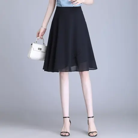 黑色雪纺中裙半身裙女夏季2025新款显瘦a字裙高腰薄款百搭休闲裙图片