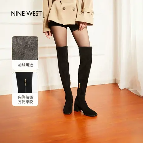 Nine West/玖熙不掉筒过膝靴女秋冬加绒瘦瘦靴高跟长筒靴粗跟女靴图片
