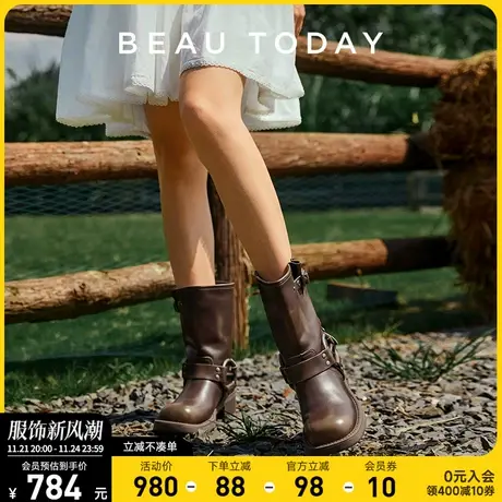 BeauToday真皮显瘦骑士靴女2024新款BT厚底时装靴女英伦风马丁靴商品大图