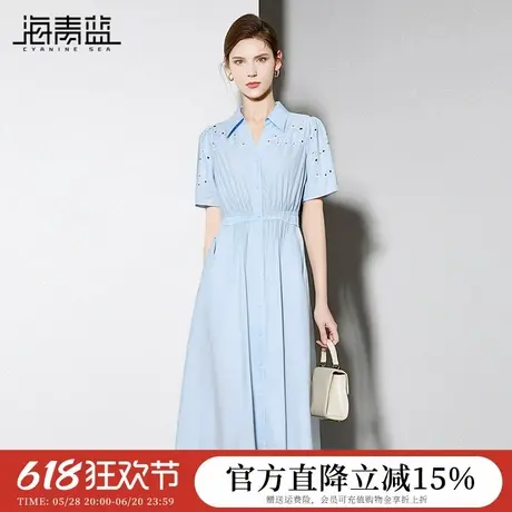 海青蓝 短袖连衣裙夏女2025年新款镂空刺绣高级时尚气质女装裙子图片