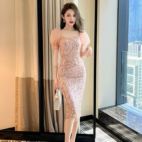 纯欲性感名媛风亮片连衣裙女中长款包臀修身气质方领粉色网纱裙子图片