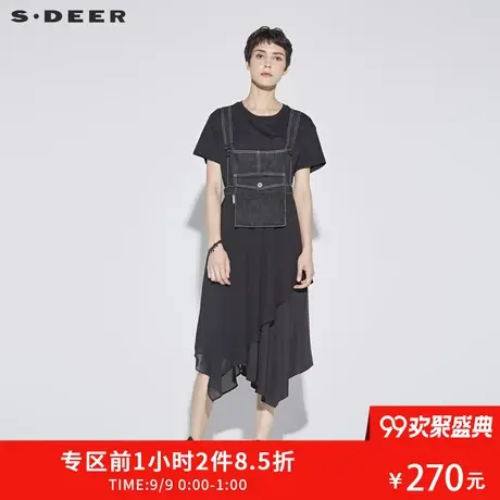 sdeer圣迪奥秋装时尚牛仔雪纺拼接口袋大摆背带连衣裙女S18181209图片