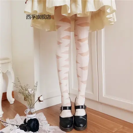 lolita交叉绑带连裤绷带镂空半透丝袜洛丽塔袜子 奶白捆绑袜图片