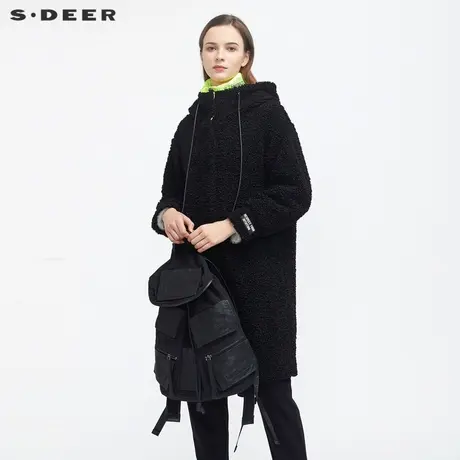 sdeer圣迪奥冬季女装连帽假两件拼接羊羔绒黑色长款大衣S20481710图片