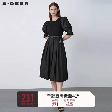 sdeer圣迪奥女装复古泡泡袖收腰不规则连衣裙S22161210图片
