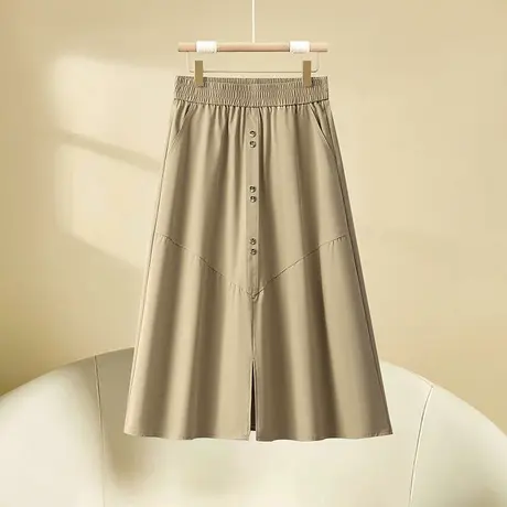 卡其松紧腰开叉a字裙女夏季2025新款小个子显瘦半身裙中长休闲裙图片