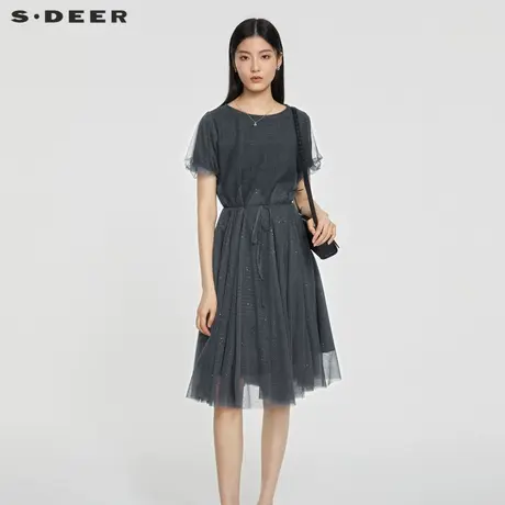 S·DEER圣迪奥女装圆领收腰网纱泡泡袖连衣裙S23261207图片