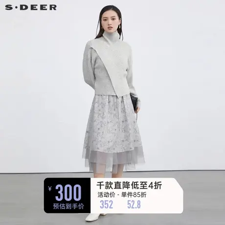sdeer圣迪奥女高领针织毛衣碎花网纱针织真两件套连衣裙s223z1440图片