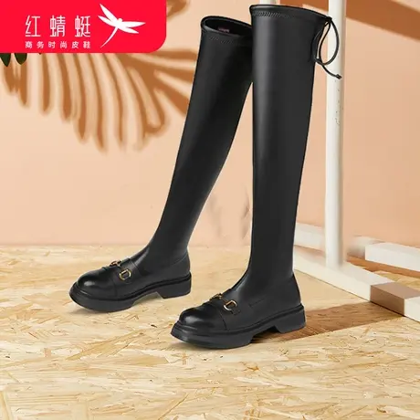 红蜻蜓女鞋2023新款潮流时尚气质女长皮靴真皮冬季加绒舒适过膝靴图片