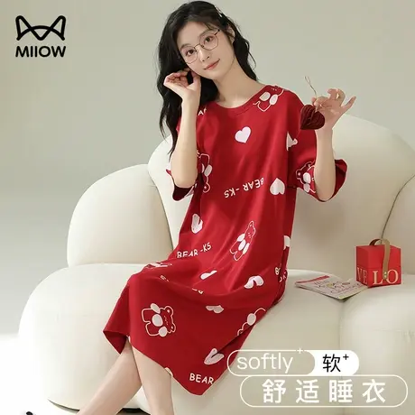 猫人100%纯棉睡裙短袖睡衣可爱可外穿大红2024新款薄款夏季家居服商品大图