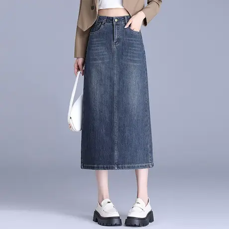 2025秋季新款高腰显瘦牛仔半身裙女中长款百搭休闲裙开叉包臀裙子图片