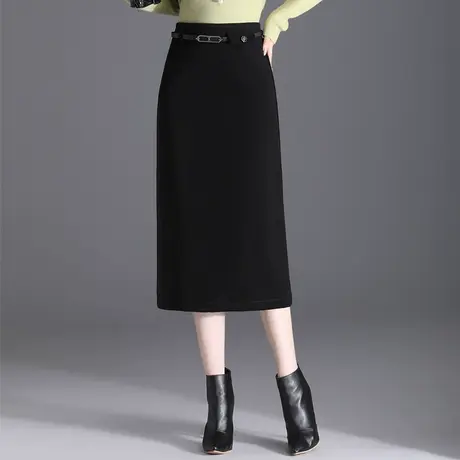 黑色直筒半身裙女2023年秋冬新款后开叉包臀裙修身显瘦通勤一步裙图片