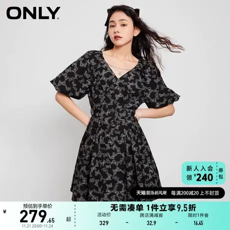 ONLY奥莱2023夏季新款百搭泡泡袖蝴蝶满印收腰短款连衣图片