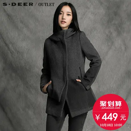 sdeer圣迪奥女装秋冬新款纯色连帽中长款毛呢外套S14481728图片