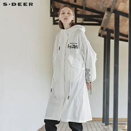 sdeer圣迪奥女运动简约立领暗门襟字母印胶收腰长款外套S19161809图片