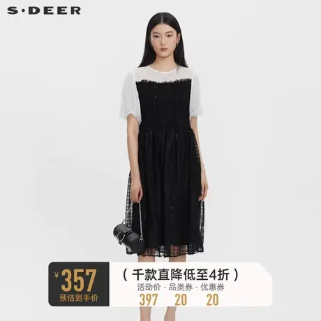 sdeer圣迪奥女装圆领雪纺撞色网纱短袖连衣裙S232Z1268图片