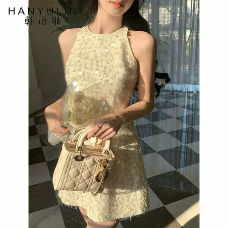 韩语琳 小香风无袖亮片连衣裙女夏季新款气质名媛收腰显瘦短裙子图片