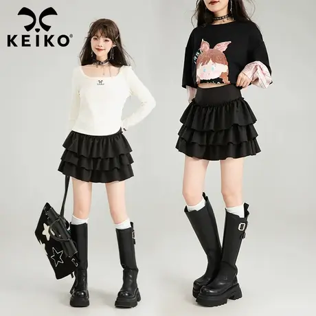 KEIKO 黑色蓬蓬蛋糕裙短裙2025春季女团风甜系高腰显瘦A字半身裙图片