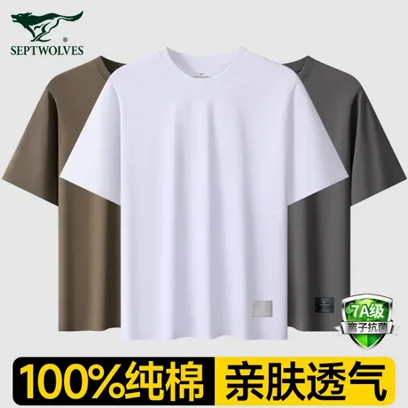 七匹狼男士短袖t恤100%纯棉运动高端新款青少年打底白色T圆领上衣图片