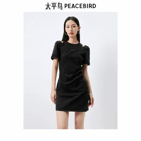 太平鸟女装水洗连衣裙2025夏小众高级感漏肩短裙时尚刺绣裙子图片