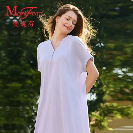 曼妮芬宽松版型圆领半开襟短袖裙装女士家居服舒适睡裙20310879图片