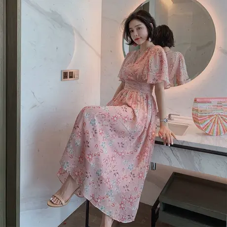 碎花雪纺甜美连衣裙夏装2023新款修身显瘦小个子女超仙清新初恋裙图片
