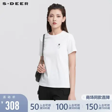 sdeer圣迪奥女装22新款圆领撞色印花基本款白色短袖T恤S222801B2商品大图