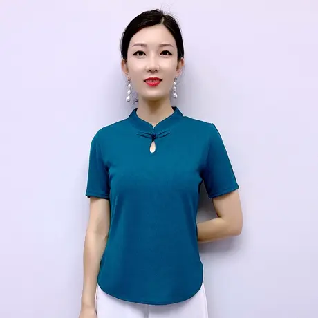 时尚妈妈短袖新中式衬衣女夏季薄款设计感T恤民族风盘扣上衣纯色商品大图