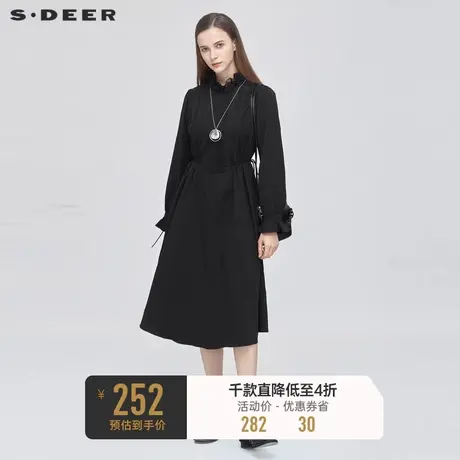 sdeer圣迪奥冬季女装复古蕾丝风琴褶收腰长袖黑色连衣裙S20481221图片