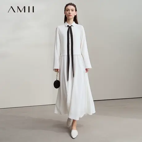 Amii2025秋新款可拆卸飘带翻领喇叭袖连衣裙女度假风宽松雪纺裙子图片