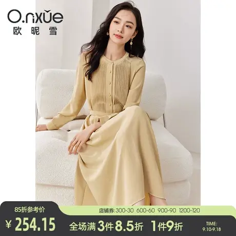 欧昵雪2023秋季新款气质圆领纯色高腰打条连衣裙女长袖中长款裙子图片