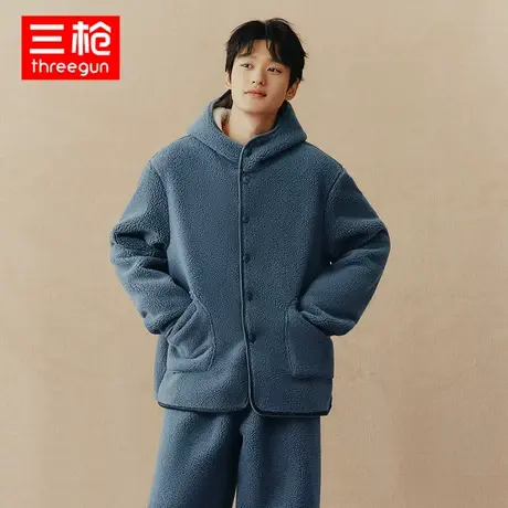三枪家居服套装2023秋冬羊羔绒加厚加绒连帽防风保暖长袖长裤睡衣商品大图