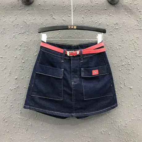 夏新款港味深蓝色休闲时尚立体大口袋a字短裤裙女高腰牛仔半身裙图片
