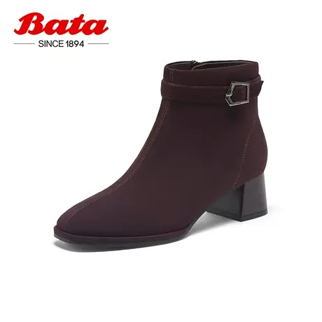 奥莱Bata时装靴女冬季商场新款羊绒皮通勤百搭粗跟短筒靴23329DD3图片