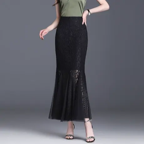 蕾丝鱼尾包臀裙半身裙女长裙2023春秋新款高腰黑色一步裙性感裙子图片