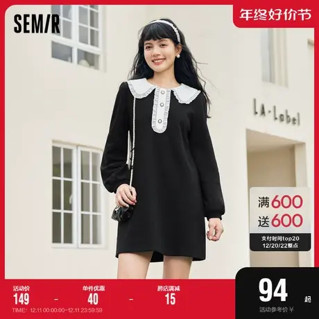 森马连衣裙女直筒拼接撞色翻领小黑裙2022秋季新款甜美长袖针织裙图片