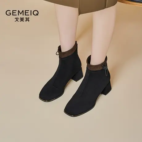 戈美其绒面马丁靴女2023冬季新款黑色加绒高跟粗跟方头靴瘦瘦靴女图片