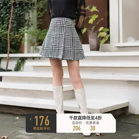 sdeer圣迪奥冬装通勤撞色格纹百褶毛呢A字短裙S21461309图片