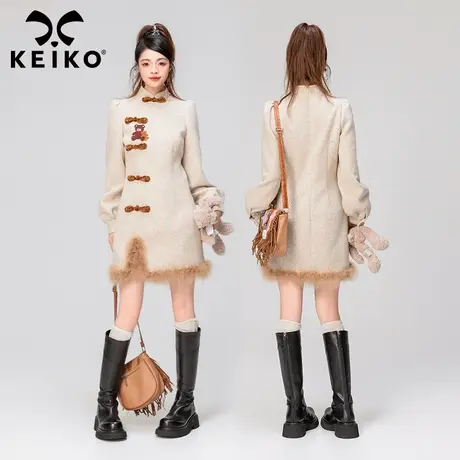 KEIKO 新中式改良旗袍连衣裙女2023冬季嵌丝彩纱粗花毛呢显瘦裙子图片
