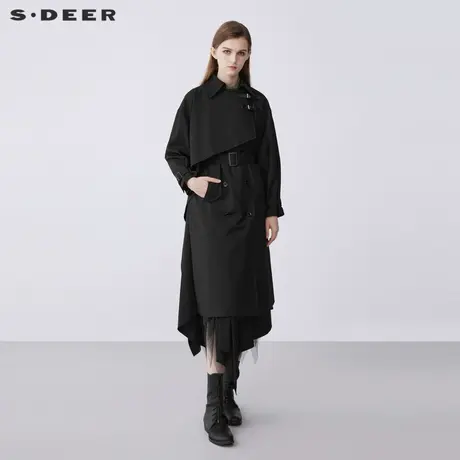 sdeer圣迪奥女装春秋装休闲翻领拼接收腰双排扣长款风衣S21381805图片