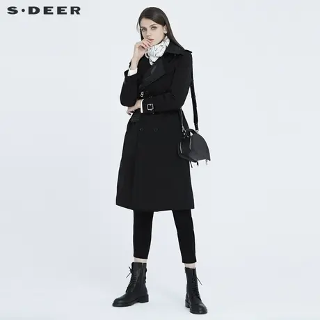 sdeer圣迪奥春秋女装个性翻领拼接收腰双排扣黑色风衣S20381809图片