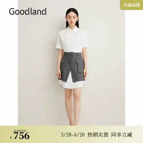 Goodland美地夏季设计感两穿式收腰衬衫连衣裙图片